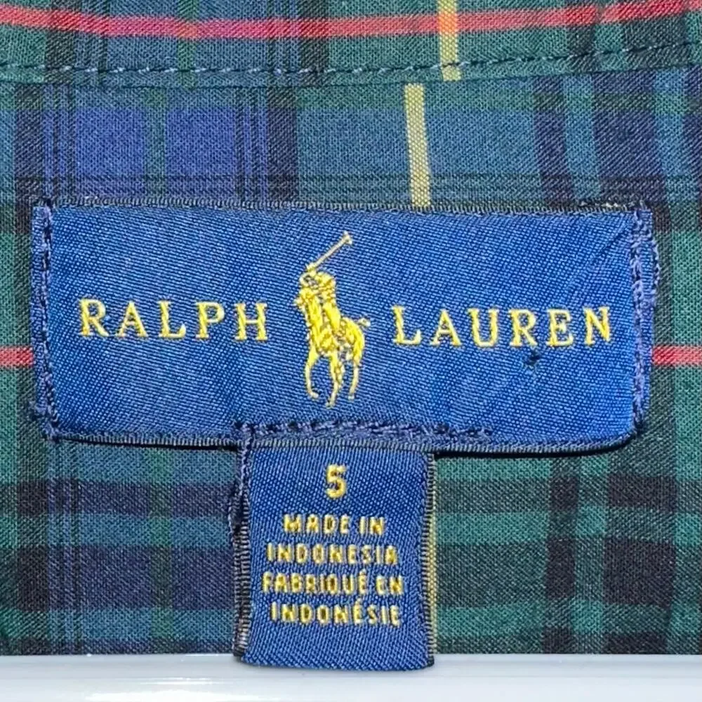 Ralph Lauren Boys Green Blue Check Button Down Long Sleeve Cotton Shirt Size 5